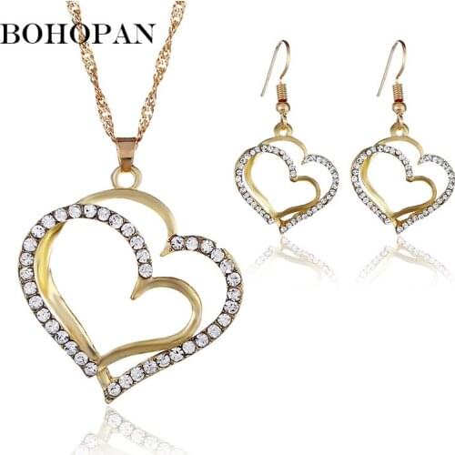 Gold Jewelry Set Double Love Heart Crystal Necklace&Earrings Wedding Fashion Jewelry For Women Party Elegant Lady Charm Sets