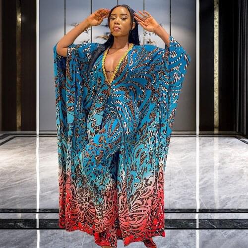 African 2021 Best Quality Two Pieces Set Women Elegant V-collar Cardigan Robe and Wide Pant Leopard Floral Print Matching Sets