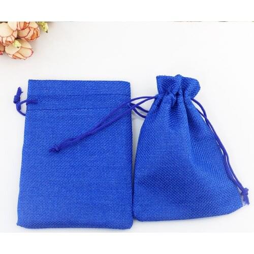 Hot sale 7x9cm 100pcs Blue Mini Burlap Jute Drawstring Gift Jewelry Pouches Bags for Wedding Favors Christmas Gift Bags