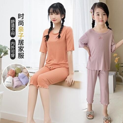 Girls' fashion round neck small bow knot seven-point parent-child summer cotton thin section can be worn inside and outside