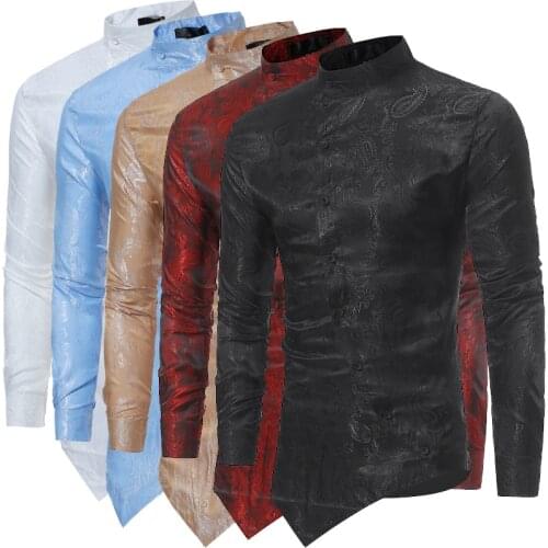 2020 Eurocode Mens Casual Stand Collar Work Shirt Jacquard Long Sleeve Shirt