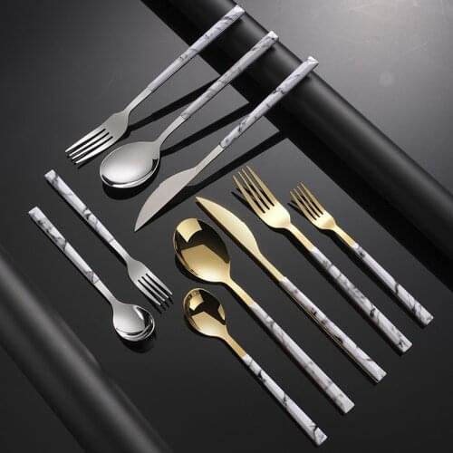 ZLAR Dinnerware Set Spoon Knife Fork Stainless Steel Tableware Silver Vintage Kitchen Accessories Marble Walnut Wood Dinner Set