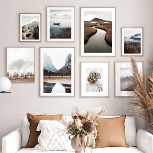 Mountain Lake Reflection Fog Forest Boat River Nordic Poster Wall Art Print Canvas Painting Wall Pictures For Living Room Decor