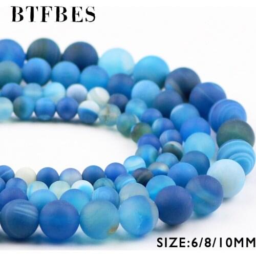 BTFBES Natural Matte Lake Blue Stripe Carnelian Beads Banded Stone 6 8 10mm Onyx Round Loose Beads Jewelry Bracelet Making DIY