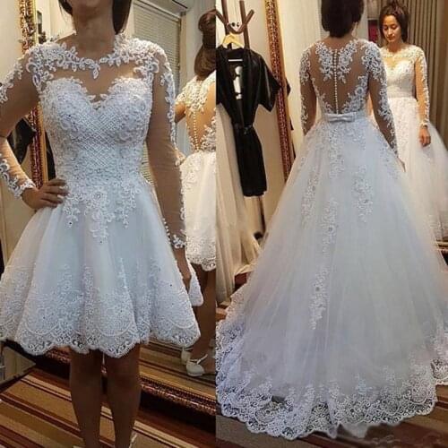 2021 New Detachable Train Princess Vestido De Noiva Lace Appliques Pearls Bridal Gowns 2 in 1 Ball Gown Wedding Dresses