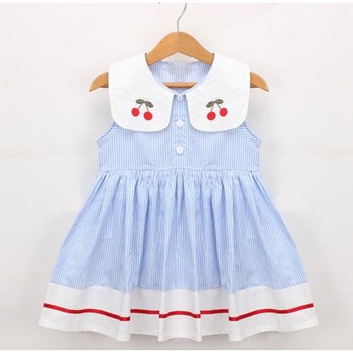 New Summer Embroidery Cherry Turn-down Collar Sleeveless Striped Dress Cotton Infant Princess Dress Toddler Girls Clothes