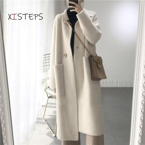2021 Autumn Winter Warm Cardigans Women Single Button Overcoats Long Coats Ladies Fake Mink Fur Outwear Knitwear