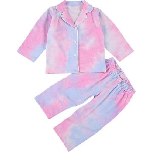 1-6Y Toddler Tie-dye Sleeping Wear Set Kids Girl Gradient Color Long Sleeve Lapel Neck Button-up Shirt + Pants Outfit Pajama set