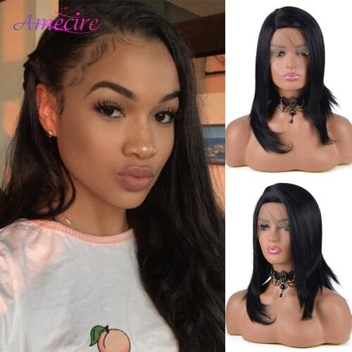 14 Inch Black Synthetic Side Lace Medium Long Straight Wig Natural Heat Resistant Bob Wigs For Black Women