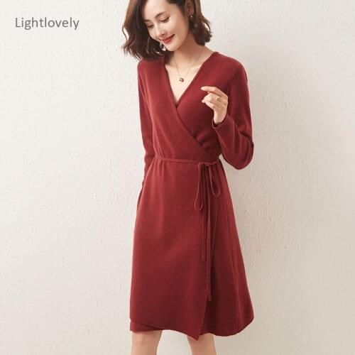Cashmere Sweater Dress Women Long Sleeve Knitted Jumpers Sexy Female Clothing Autumn Winter Elegant V Neck See Pullovers Dresses