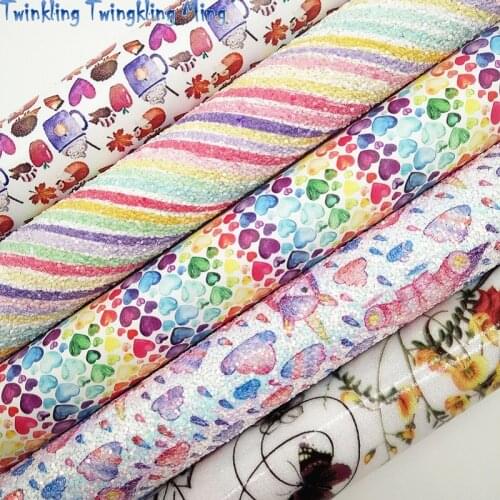 Stripes Printed Glitter leather, Hearts Unicorn Flowers Printed Faux Leather Sheets For Bow A4 21x29CM Twinkling Ming KM209