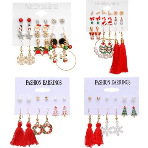 Multiple Colorful Enamel Santa Claus Christmas Tree Bell Snowflake Snowman Drop Earrings Set Christmas Earrings Jewelry Gifts