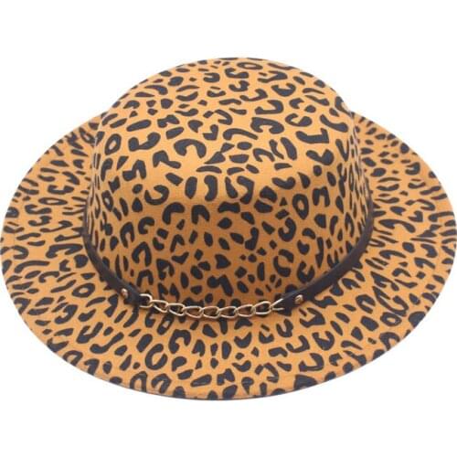 Wholesale fedora hat flat top female leopard print M logo belt Panama felt jazz hat church female hat male шляпа женская