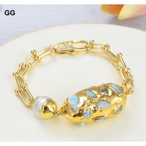 GuaiGuai Jewelry Natural White Pearl Blue Larimar Rough Gold Color Plated Chain Olive shape Bracelet 8" CZ Clasp For Women