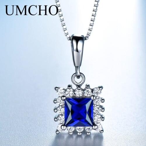 UMCHO Luxury Genuine 925 Silver Jewelry Created Blue Sapphire Necklaces & Pendants For Women Anniversary Gifts With Box Chain