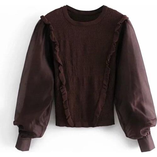Women 2020 Fashion Ruffle Yarn Stitching Puff Sleeves Sweater Female Retro Pullovers Chic Tops