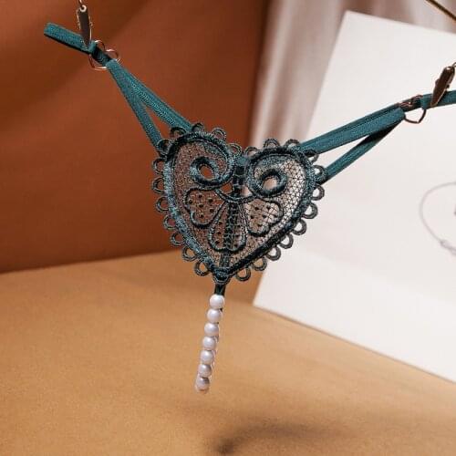 Love Heart G-String Pearl Sexy Massage Womens Underwear Lace Embroidery Brief Transparent Mesh Lingerie Low Waist Female T Pants