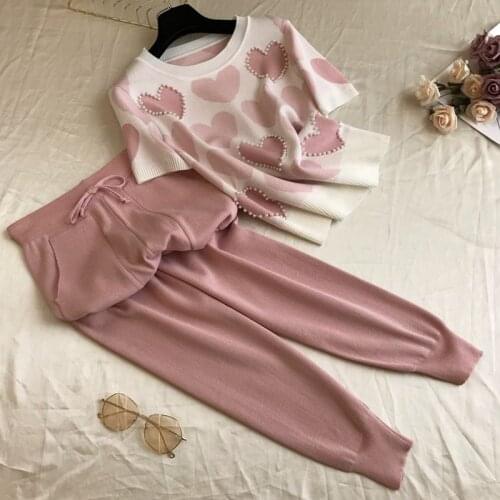 Woman Summer Suit Set 2 Pieces Set Fashion Love Bead Short Sleeve Pullover Top+Knit Harem Pants Two Piece New 2020 Women Set