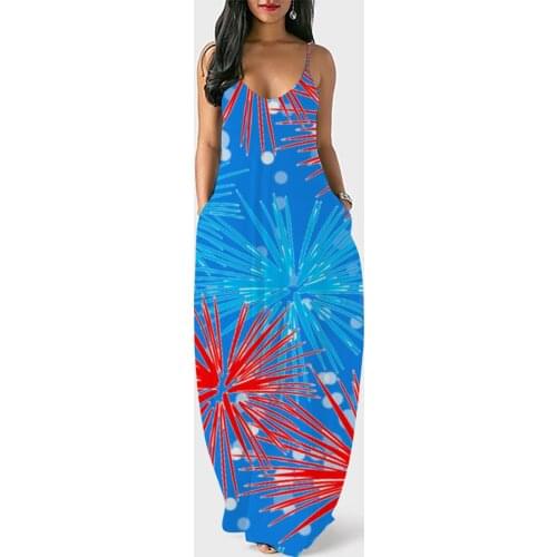 Women Casual Loose Pocket Dress Fashion Beach Style Sleeveless Long Summer Dresses For Womens Fireworks Print Sling Dress 2021
