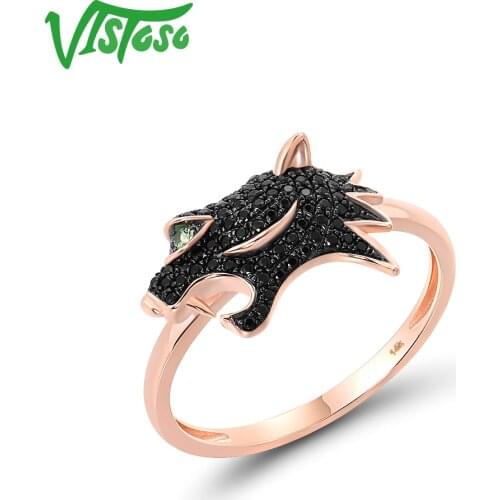 VISTOSO Gold Rings For Women Genuine 14K 585 Rose Gold Green Garnet Black Diamond Leopar Head Ring Animal Trendy Fine Jewelry