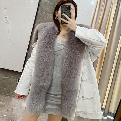 2021 Women Real Fox Fur Liner Coat Medium Parkas Navy collar Antumn/winter Streetwear