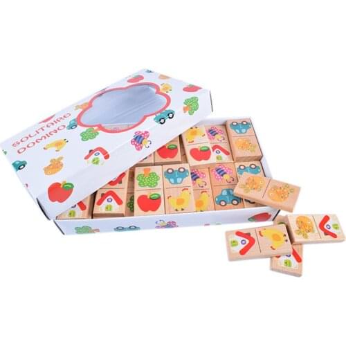 28pcs Baby Wooden Domino Block Toys Cartoon Garden Animal Vehicle Fruit Domino Blocks Toys Building Blocks Educational Matching