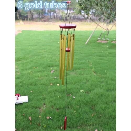 Antique 6 Hollow Gold Alloy Metal Tubes Solid Wood Wind Chime Door Yard Hanging Home Decoration Wind Bells Holiday Gifts Sound