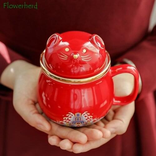 Cartoon Animal Cat and Mouse Cup Teaware Ceramic Porcelain Cup Tea Drinking Cup Tea Filter Liner with Lid Handgrip Office Mug