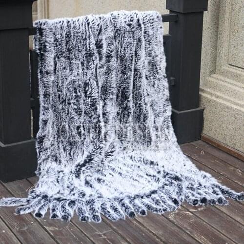 CX-D-20H Winter Warm Decoration Throw Knitted Real Rabbit Fur Blankets for Sofa with Fringes