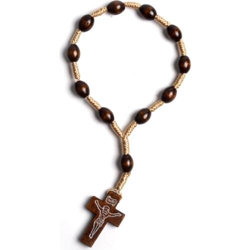 KOMi Religious Brown Catholic Prayer Rosary Bracelets Pure Solid Wooden Jesus Cross Pendant Jewelry Bracelets Gift Pulsera R-366
