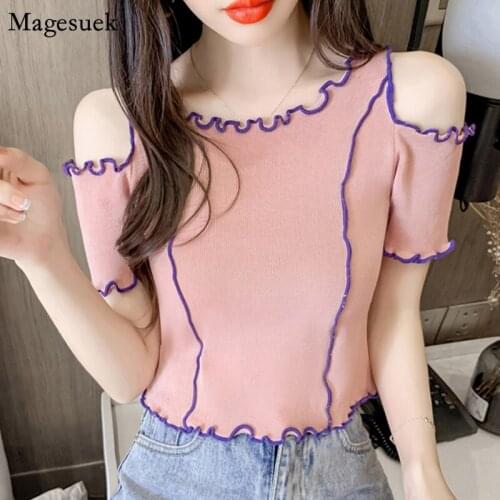 Korean Summer Slim Knitted Blouse Women Clothing 2021 New Short Sleeve Tops Ladies Fashion Casual Woman Shirt Blusas Mujer 15384