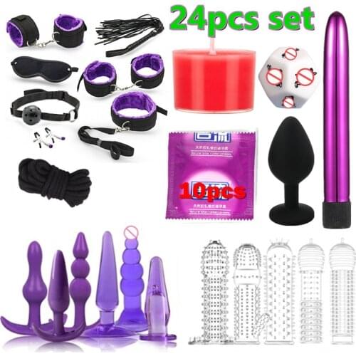 24pcs set DSM Adult Sex Toys Plush Handcuffs Strap Whip Rope Sexy Bed Restraints Bandage Couples Sex Toys Sexual Toy Adult Kits