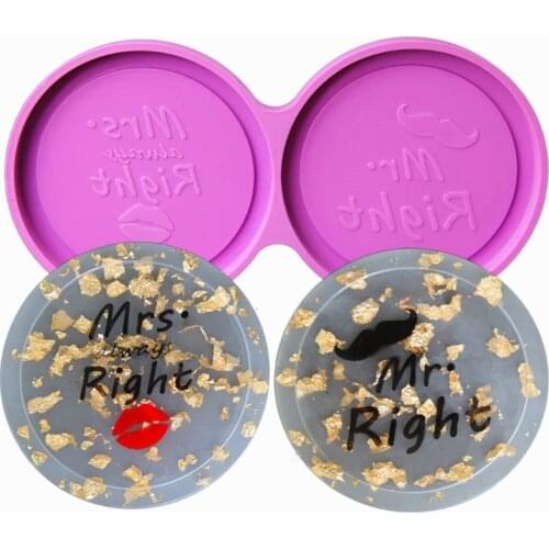 M2EA DIY Round Tea Tray Coaster Mold Lover Coaster Silicone Epoxy Resin Coaster Mold Mr & Mrs Right Agate Coasters Mold DIY