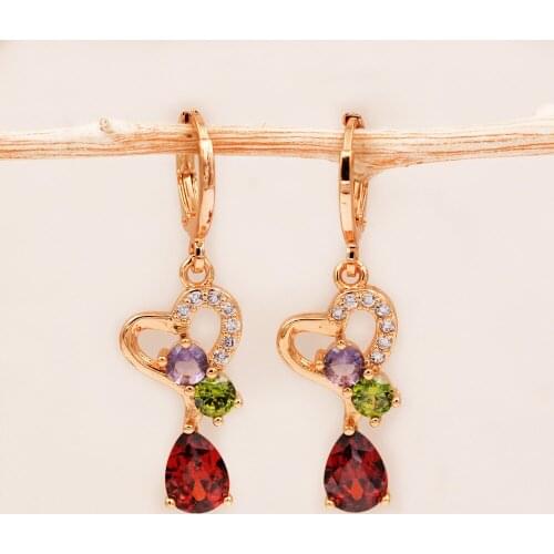 Trendy Gold Waterdrop Heart Earrings Red Green Cubic Zirconia Stone For Women Girls Fashion Jewelry Accessories Wedding Gift