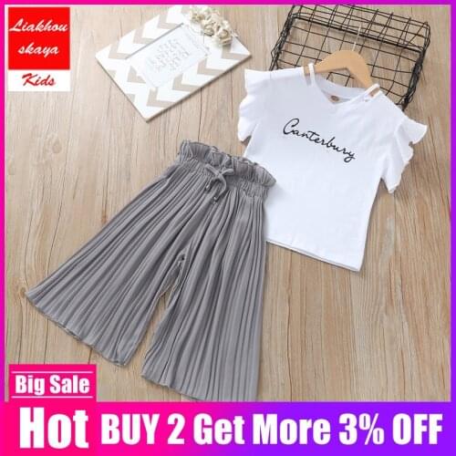 Fashion Girls Clothing Set 2019 New Summer Baby Girls Tops Floral T-shirt+chiffon Pantsuit 2PCS Suits For Girls Clothes Children