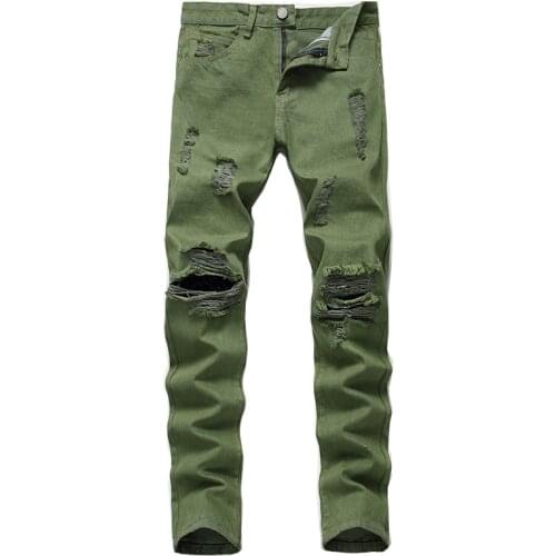 Large size mens foreign trade ripped jeans ripped army green jeans autumn and winter new style