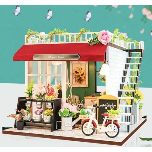 DIY Wooden Dollhouse Kits Flower Store Cottage Miniature With Furniture Light Doll House Roombox Toys for Girls Xmas Gifts