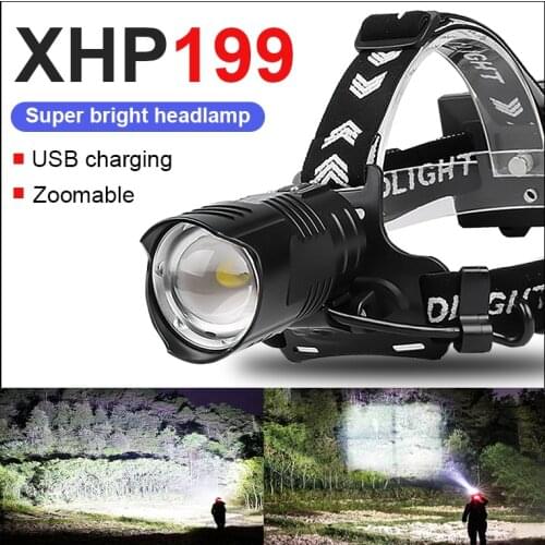 Newest XHP199 Powerful LED Headlamp 18650 XHP90.2 LED Headlight Rechargeable Head Flashlight USB XHP70 Camping Head Lamp Lantern