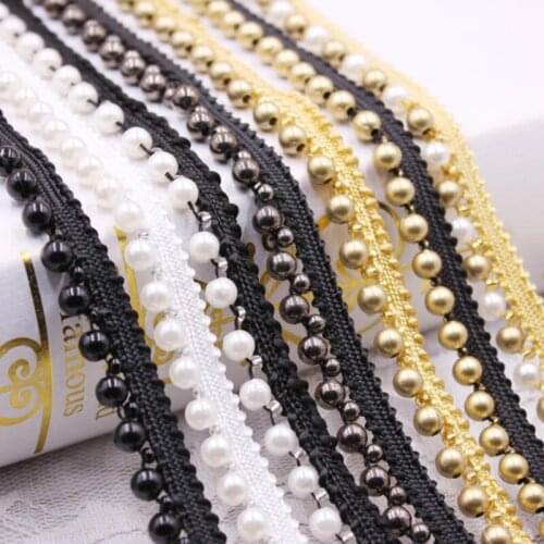 Single row 6mm Pearl beaded lace DIY handmade trim clothing accessories accessories double color Pearl beaded Ribbon gold lace