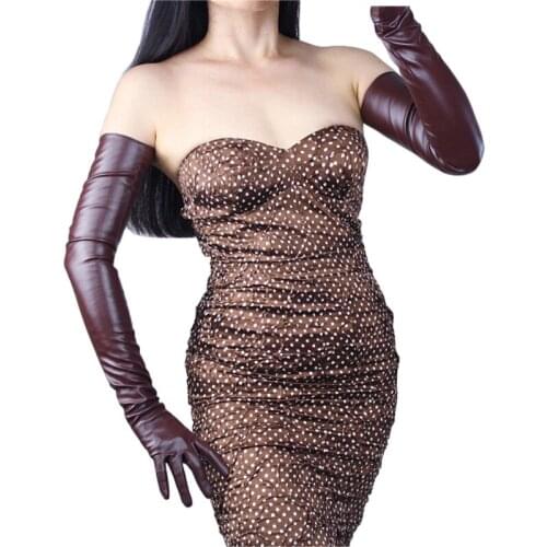 70cm Extra Long Leather Gloves Long Section Opera Emulation Leather Sheepskin PU Light Brown Camel Touch Screen Female PU34-70
