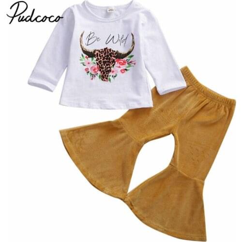 Pudcoco 2020 Fashion 1-6T Toddler Kids Baby Girls Clothes Sets Be Wild Print Long Sleeve Tops Bodysuits Flare Pants Outfits Set