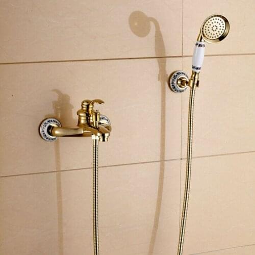 Modern Style Wall Mount Handheld Shower Set Faucet Golden Bathroom Shower Mixer Tap W/ Bracket