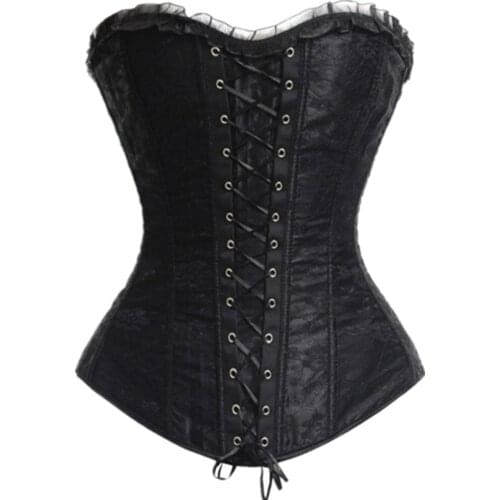 Sexy Corset Satin Jacquard Lace Cover Overbust Corselet With Lingerie Zipper Side Boned Waist Trainer Corsets And Bustiers