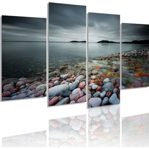 Modern Sea Stones Landscape Nature 4 Panels Canvas Painting HD Poster Wall Art Print Picture Living Room Home Decoration Frame