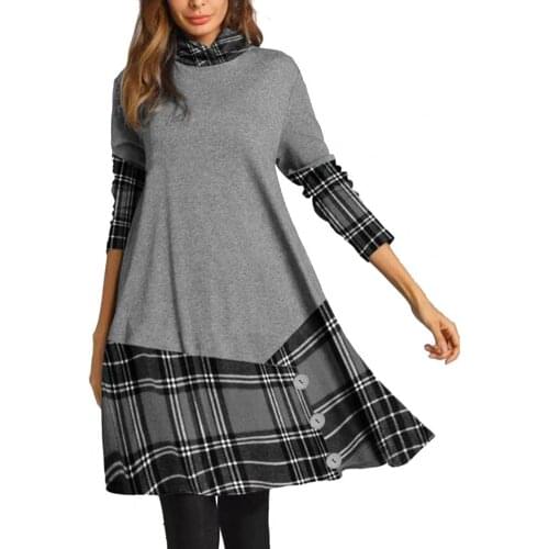 2021 Spring Plus Size Women Plaid Stitching Dress Long-sleeved Button Decor Casual Loose Vintage Dresses платье