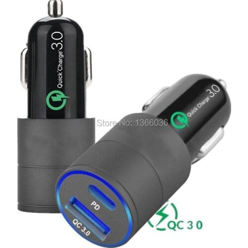 100pcs 3A 2 Port QC 3.0 Dual USB USB-C PD Quick Fast Car Charger Adapter BLUE LED light For iPhone Samsung huawei xiaomi