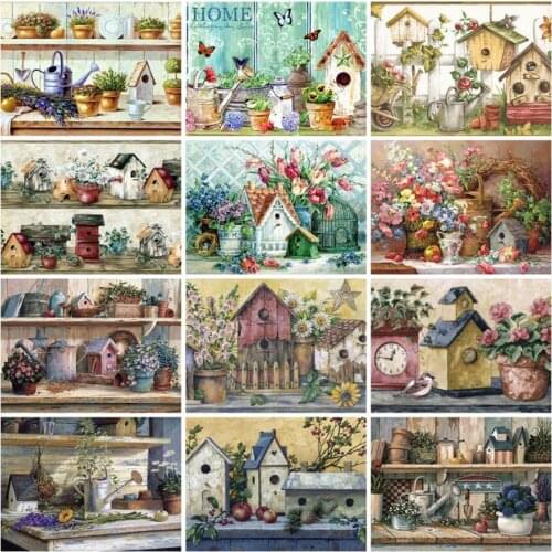 Flowers Garden Diamond Embroidery Painting Bird Aviary Cage Mosaic Stone Picture Small Size Diamond Dots Wall Art Decor Stickers