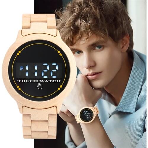 New Arrival 2020 LED Men Wood Watches Touch Screen Digital Mens Full Wooden Clock Creative Electronic Casual Timepiece