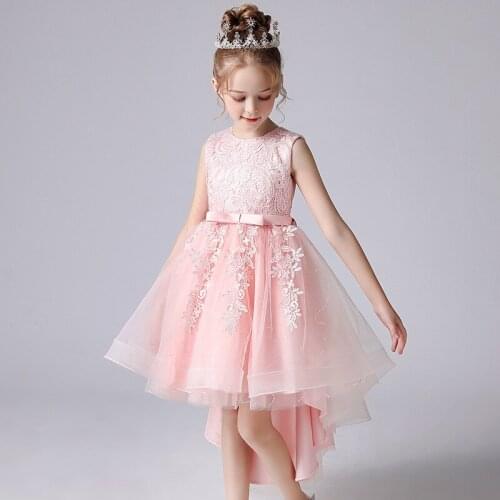 Girl Wedding Party Flower Girl Dress Long Trailing Princess Gowns Embroidered Floral Tulle Girl Evening First Communion Gown 12Y