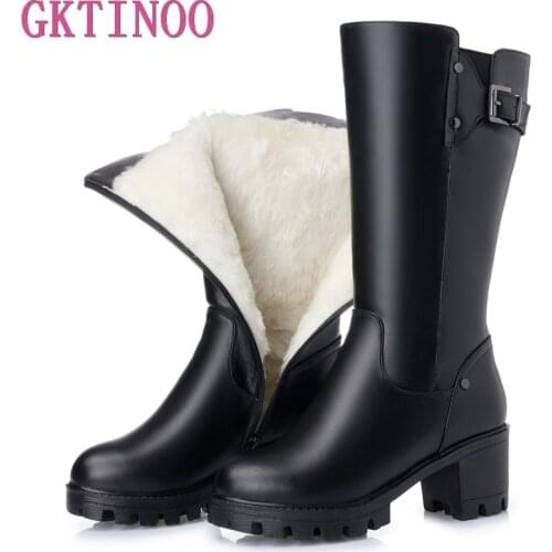 GKTINOO Womens High Boots 2019 Winter Genuine Leather Natural Wool Winter Boot Woman Boots High Heels Platform Fur Ladies Shoe